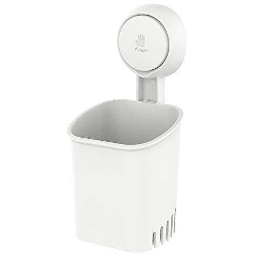 Powerful Suction Cup Toothbrush Holder, Drill-Free Wall Shower Holder for Toothbrush, Toothpaste, Razor, Removable Suction Cup in Shower, Self-draining Kitchen Tableware Organizer, White