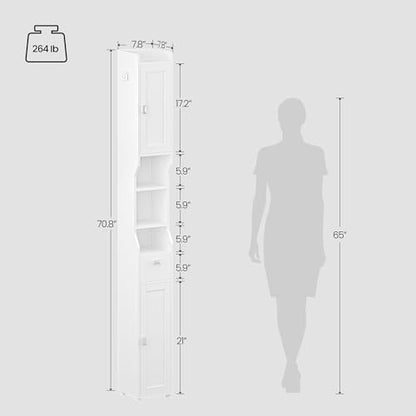 HEXCELEN Bathroom Storage Cabinet,Tall Narrow Bathroom Cabinet White | Narrow Tall, Freestanding Floor Cabinet, 2 Doors and 1 Drawer, Adjustable Shelf, 1 Hook