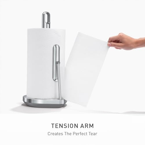 simplehuman Paper Towel Holder with Spray, All-in-One Countertop Paper Towel and Cleaner Dispenser, 6 oz Refillable Pump, One-Handed Tear, Weighted Base, Brushed Stainless Steel