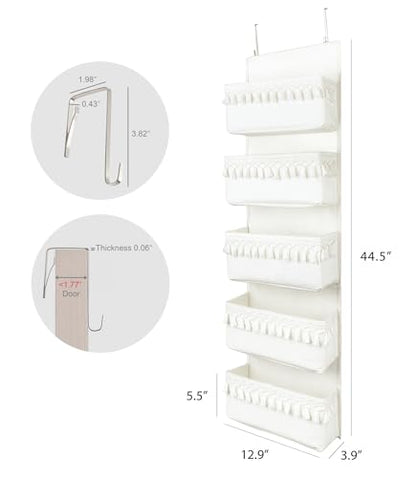 Dahey Over The Door Organizer 5 Pockets Hanging Behind Door Storage, White | Boho Cotton Tassels, Fits 1.77" Door, Space Saving & Big Capacity, Versatile Use, for Nursery Bathroom Bedroom Dorm Decor