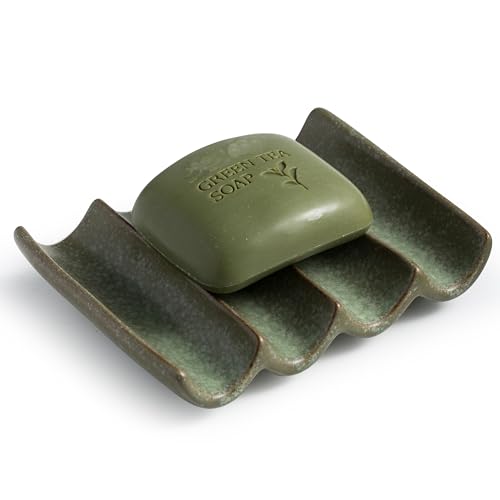 Draining Ceramic Soap Dish - Fluted Design, Bar So... (Green | Ceramic)