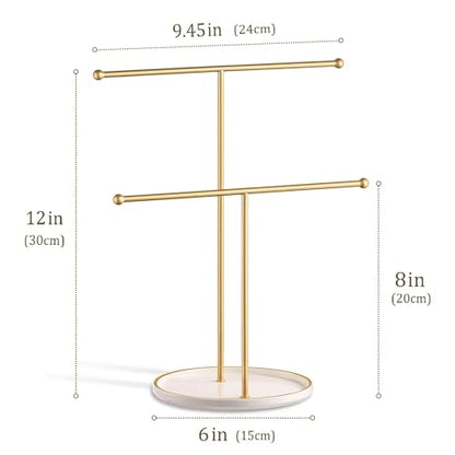 Jewelry Stand with Ceramic Tray, Necklace Holder, Gold Bar White Base | Ceramic Base, Gift for Women & Girls, Hanging Necklace Organizer Tree, Earrings, Bracelets, Rings, small