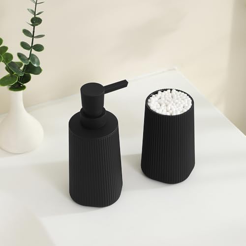 Bathroom Soap Dispenser and Toothbrush Holder Striped Black | Bathroom Accessories Set 2 Piece for Bathroom Countertop Storage and Decor