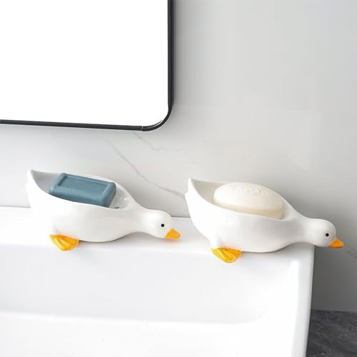 1 Pack Duck Ceramic Soap Dishes,Soap Holder with Drain,Soap Dish Container,Dish Soap Tray,Sponge Holder,Soap Tray for Shower,Bathroom,Bar,Kitchen,Counter (Duck), White