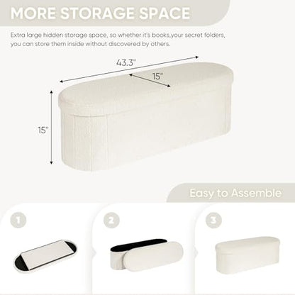 B FSOBEIIALEO Ottoman with Storage for Living Room, Sherpa Folding Storage Ottoman Foot Rest, 43.3 Inches Collapsible Bedroom Bench White Cream
