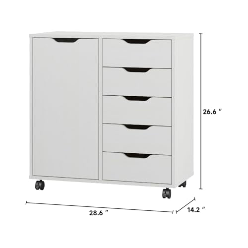 Panana 5-Drawer Chest with 1 Door, Wooden Chest of Drawers Storage Dresser Cabinet with Wheels, Office Organization and Storage, Bedroom Furniture (White-S)