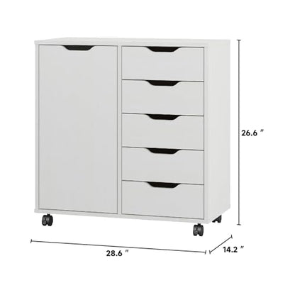 Panana 5-Drawer Chest with 1 Door, Wooden Chest of Drawers Storage Dresser Cabinet with Wheels, Office Organization and Storage, Bedroom Furniture (White-S)