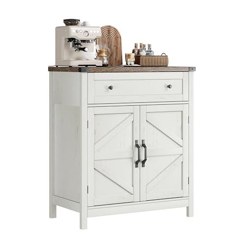 ChooChoo 30" W Coffee Bar Cabinet, Kitchen Storage Cabinet with Drawer | Small Buffet Cabinet, Farmhouse Sideboard Buffet, Adjustable Shelf, Rustic White