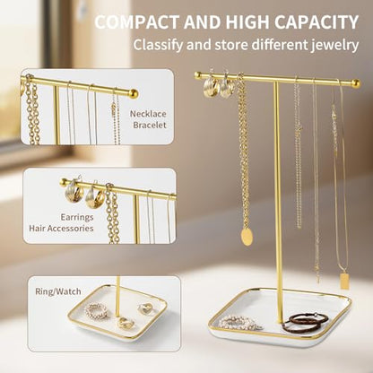 modern T-shaped jewelry rack, jewelry tower, gold metal, square ceramic base decoration display tower, necklace, bracelet, ring storage rack (1-layer ceramic disc)