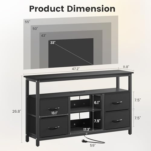 Haewon TV Stand with LED Lights and Power Outlets, for 55 inch TV, Black | Console Table with 4 Fabric Drawers, Open Shelf, 2 USB Ports, Sturdy Metal Frame with Wood Top, Modern Style for Living Room