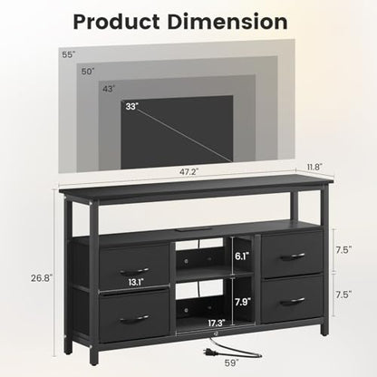 Haewon TV Stand with LED Lights and Power Outlets, for 55 inch TV, Black | Console Table with 4 Fabric Drawers, Open Shelf, 2 USB Ports, Sturdy Metal Frame with Wood Top, Modern Style for Living Room