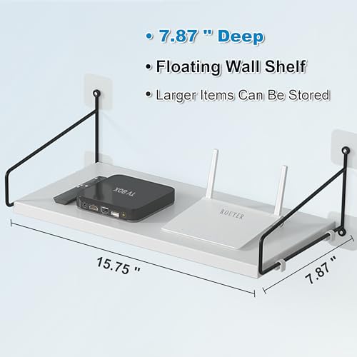 White Floating Shelves for Projector, Modem, Router, DVD Player, Cable Boxes, 7.87" Deep Wooden Wall Shelf for Bedroom, Living Room, Office, Video Room, Bathroom Shelf (1 Tier)