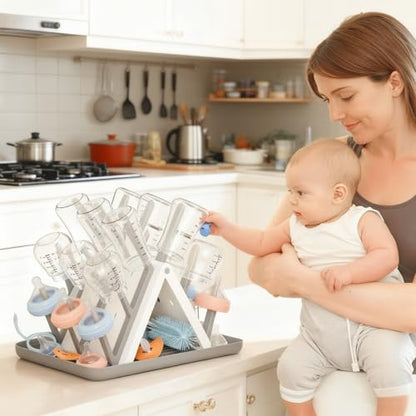 Large Baby Bottle Drying Rack, Space Saving Countertop Holder Organizer | 18 Hooks Slope, Travel Bottle Dryer, Removable Drip Tray for Bottles, Baby Brushes Pacifiers & Pump Part-BPA Free