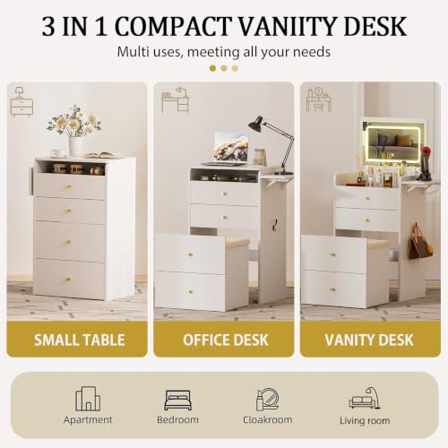 COMHOMA Makeup Vanity Desk with Mirror and Lights, Small 3 in 1 Vanity Table with Visible Glass Top, Flip Top & 3 Drawers, Compact Dressing with Storage Stool for Room or Office