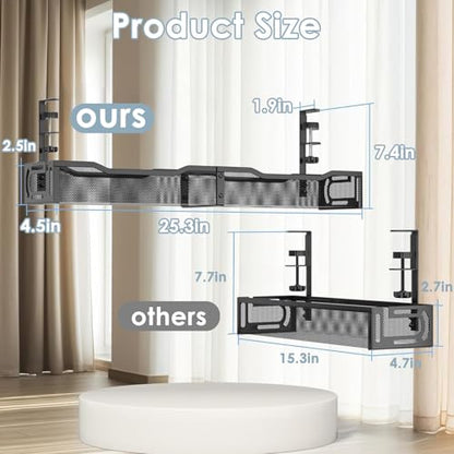 Cable Management, 25'' Cable Management Under Desk, Cable Tray | No Drill Under Desk Cable Management Tray, Cord Organizer with Clamp for Standing Desk, Desk Organizer for Home Office