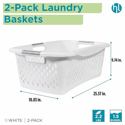Home Logic 1.5 Bushel Plastic Laundry Basket Front Load, Large Laundry Hamper with Handles, Ventilated Clothes Organizer for Bedroom Bathroom Closet, 2 Pack, White