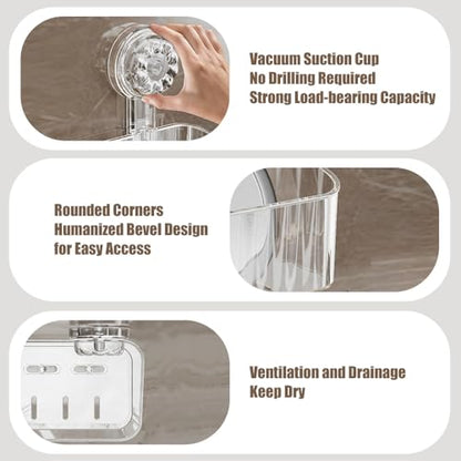 2 Pcs Shower Caddy, Clear Suction Cup Shower Shelves for Bathroom, Kitchen | Acrylic Material, No Drilling Storage Rack, Large, 11.8x4.3x3.9in, Ventilation and Drainage