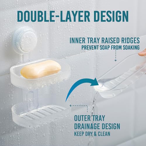 TAILI Soap Holder, Soap Dish for Shower Suction Cup, Bar Soap Holder, Clear | 2 Layer Removable Soap Holder Shower, Soap Tray for Shower Wall, Drill Free Sponge Holder, Bathroom & Kitchen, No drill