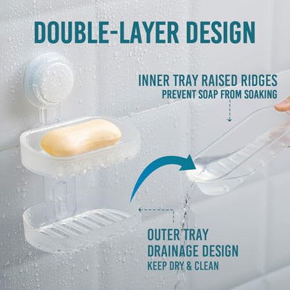 TAILI Soap Holder, Soap Dish for Shower Suction Cup, Bar Soap Holder, Clear | 2 Layer Removable Soap Holder Shower, Soap Tray for Shower Wall, Drill Free Sponge Holder, Bathroom & Kitchen, No drill