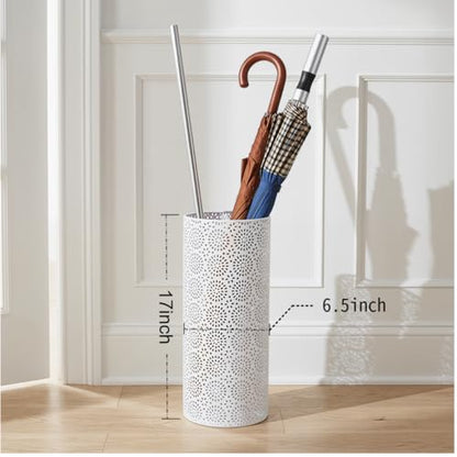 BEWBBAT Umbrella Stand Rack for Entryway, Free Standing Metal Umbrella Holder, Round Umbrella Organizer Bin with 3 Hooks for Long Short Umbrella, Walk Stick, Home Office Indoor, 17 x 7 Inch, White