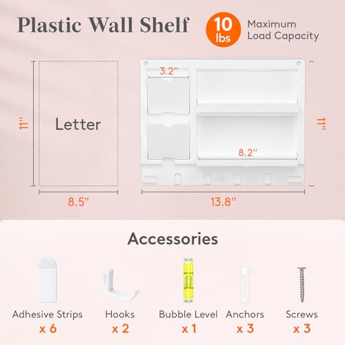 Lifewit Plastic Bedside Wall Shelf, Adhesive Floating Shelves Dorm Decor | Bedroom Essentials for Key, Remote Control, Glasses, Phone, Earbuds Storage, College, RV, Bunk Bed Wall Organizer