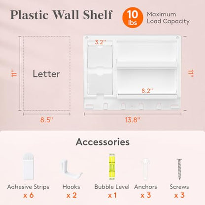 Lifewit Plastic Bedside Wall Shelf, Adhesive Floating Shelves Dorm Decor | Bedroom Essentials for Key, Remote Control, Glasses, Phone, Earbuds Storage, College, RV, Bunk Bed Wall Organizer