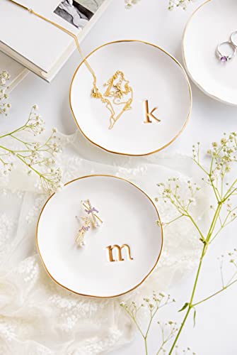 COLLECTIVE HOME Ceramic Jewelry Tray, Trinket Dish, Gifts for Women (K) | Mother's Day, Birthday, Christmas, Engagement Gifts, Vanity, Nightstand Decor, Embossed Gold Monogram Ring Dish with Gift Box