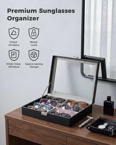ProCase 8/16 Slots Sunglasses Organizer Box with Clear Glass Lid & Lock, PU Glasses Storage Display Case with Tilted Dividers