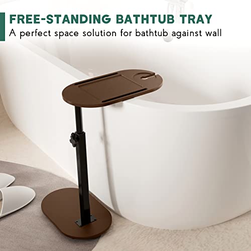 Bamboo Bathtub Tray Table with Adjustable Height and Freestanding | Bath Table Caddy Side Table for Tub Against Wall, Tub Shelf with Wine Glass Phone Holder - Patent Protected (Brown)