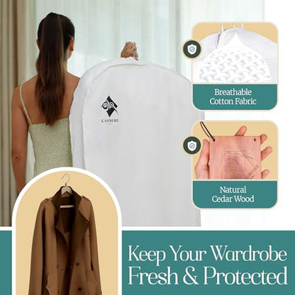 Premium 40” Short Cotton Garment Bag For Hanging Clothes And Storage | Wide 6” Gusset & 4 Cedar Blocks For Fresh Smell And Moth Protection | Best For Suits, Fur Coats, Leather Jackets, Sweaters.