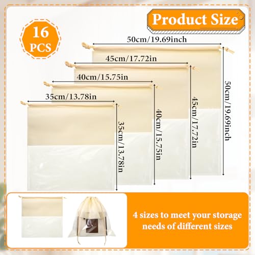 SHENLIU 16 Pcs Dustproof Drawstring Bags, 4 Sizes Beige Transparent Design Purse Dust Storage Bags Non Woven Fabric Cloth Pouch String Packing Organizer Shoe Pouch Handbags Covers