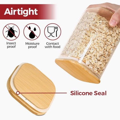 Glass Pantry Storage Containers with Bamboo Lids 1Qt 4 Pack Square | Pantry Organization, Coffee Beans Flour Sugar Pasta Cereal Dry Food Storage, Labels Included, Kitchen Organization