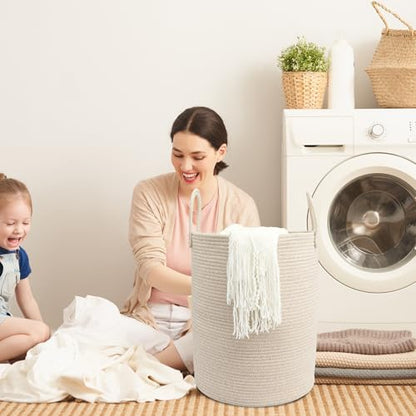 Woven Cotton Rope Laundry Basket, 15" x 20" Laundry Hamper, Oatmeal | Rope storage basket for dirty clothes, toys and blankets. Perfect for bathroom, baby nursery and living room storage.