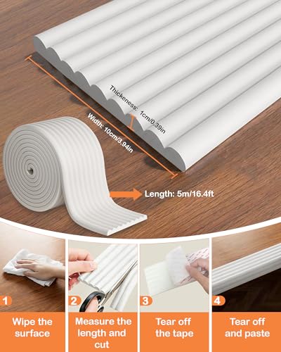 Corner Protector Baby, Pre-Taped 16.5FT Edge Guard for Furniture Safety | 0.4" Thick, 4" Wide Fireplace Baby Proofing, Soft Rubber Foam Padding Bed Cabinet Desk Edge Cushion Bumper, White-Grey