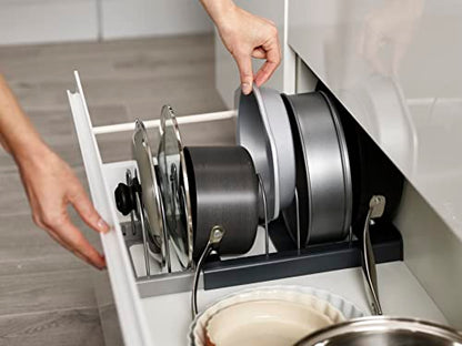 Joseph Joseph DrawerStore Expanding Cookware Organizer, Space saving storage for pan lids, baking trays - Grey