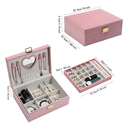Jewelry Box for Teen Girls Women, 2 Layers Jewelry Organizer with Mirror, Removable Jewelry Tray, Jewelry Storage Case, Gift Idea for Teenagers, Striped Velvet (Pink)