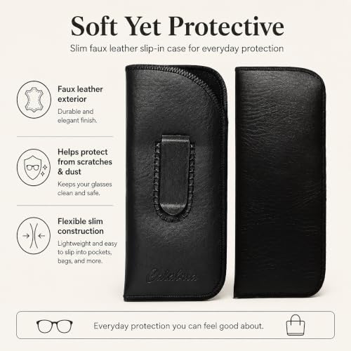 Calabria Slim Eye Glasses Case with Clip Soft PU Leather Black (3Pack) Men Women Eyeglass Pouch Slip-In Eyewear Sunglasses Bag