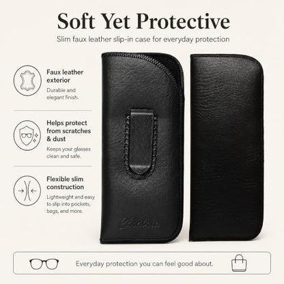 Calabria Slim Eye Glasses Case with Clip Soft PU Leather Black (3Pack) Men Women Eyeglass Pouch Slip-In Eyewear Sunglasses Bag