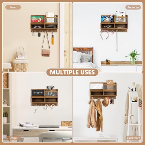 Key Holder Wall Mount, Wooden Mail and Key Organizer, Brown | Rustic Farmhouse Style, 4 Double Hooks, Includes 2 Storage Box, Small Shelf, Mail Slot, for Entryway, Doorway, Hallway, RV