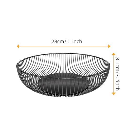 Simple Trending Round Metal Fruit Basket Bowl for Kitchen Counter - Rust-Proof, Non-Slip & Breathable Wire Organizer for Fruits, Veggies, Snacks, Black (11“ Diameter x 3.2” H)
