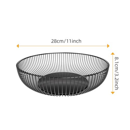 Simple Trending Round Metal Fruit Basket Bowl for Kitchen Counter - Rust-Proof, Non-Slip & Breathable Wire Organizer for Fruits, Veggies, Snacks, Black (11“ Diameter x 3.2” H)