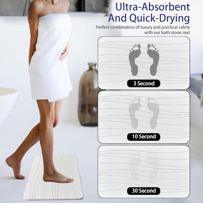 Fast Drying Stone Bath Mats for Bathroom, Non-Slip Diatomaceous Earth Bath Mat, Super Absorbent Bath Mat Stone (23.6''×15.4" White Flow)