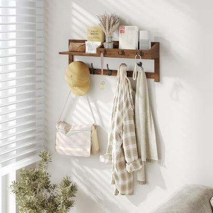 Wall Hooks with Shelf, 26.57 Inch Entryway Wood Coat Hooks for Wall with Shelf, Coat Rack Wall Mount with 5 Dual Hooks 3 Key Hooks Mail Organizer and Key Rack Holder (Brown)