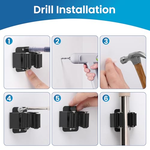 Broom Holder Wall Mount, 12PCS Broom Hanger Wall Mount, Stainless Steel Heavy Duty Mop Holder Broom Mop Hanger Wall with Screws, Garden Outdoor Tool Organizer Rack Broom Hanger (Black)