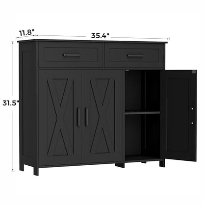 Coffee Bar Storage Cabinet with Drawers, Kitchen Buffet Cabinet | Sideboard Cabinet with Doors, Farmhouse Buffet Cabinet, Adjustable Shelves, for Kitchen / Dining / Living Room, Black