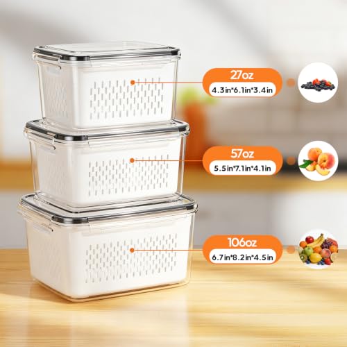 Fruit Storage Containers for Fridge, 3 Pack Plastic Food Storage Container