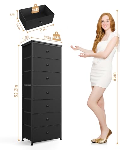 Mifuro Tall Fabric Dresser for Bedroom, Vertical Storage Organizer Tower with 7 Drawers, Chest of Drawers with Bins, Steel Frame, Wood Top for Bedroom, Closet, Entryway Black