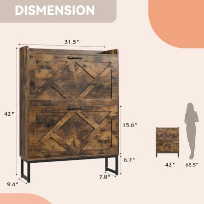 Shoe Storage Cabinet with 2 Flip Drawers, Freestanding Wood Shoe Organizer with Metal Legs, Farmhouse Slim Shoe Rack for Entryway, Foyer, Hallway, Rustic Brown