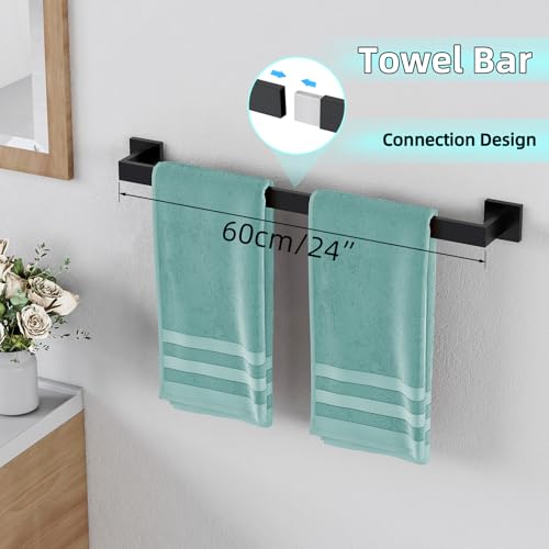 5-Pieces Matte Black Bathroom Hardware Accessories Set, 24 Inch Stainless Steel Towel Racks for Bathroom, Towel Bar Set Towel Ring Coat Hook and Toilet Paper Holder with Shelf Wall Mounted