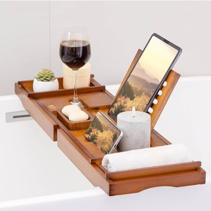 Bamboo Bathtub Caddy Tray with Book Stand & Soap Holder, Brown | Expandable to 41 Inches & Anti-Slip Pads for Luxury Bath Spa